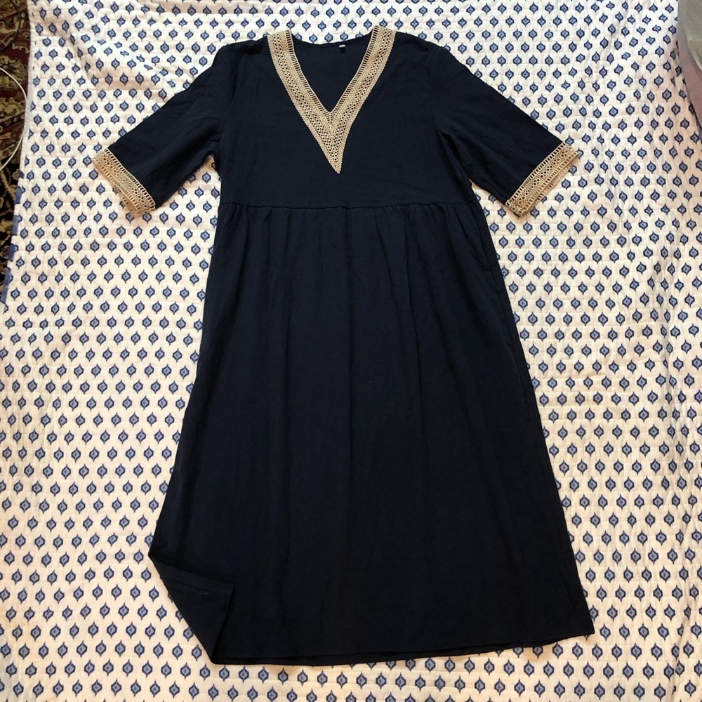 Blue V-Neck 3/4 Sleeve Dress Large